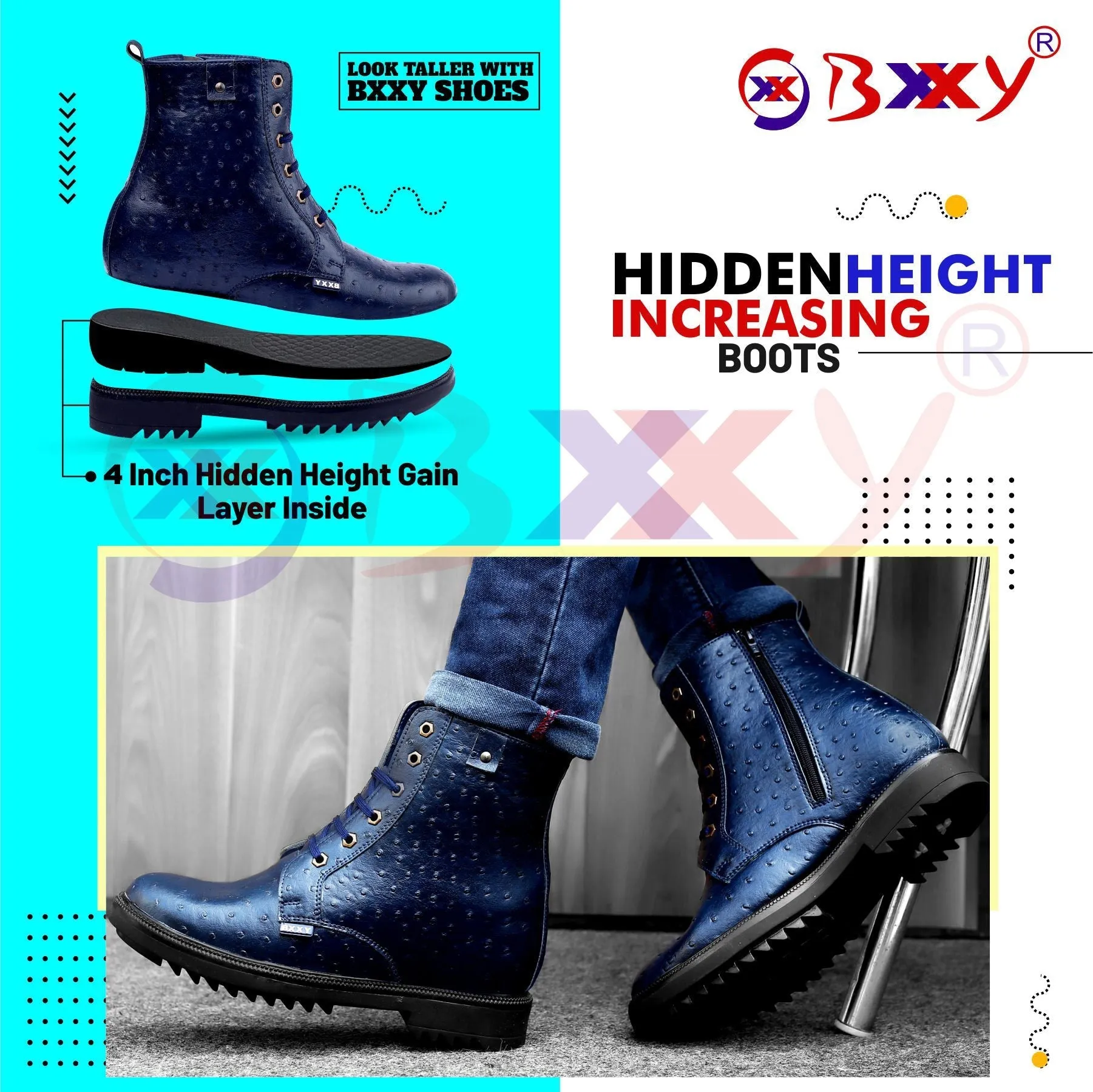 Men's 4 Inch Hidden Height Increasing Crocodile Textured Designer Boots