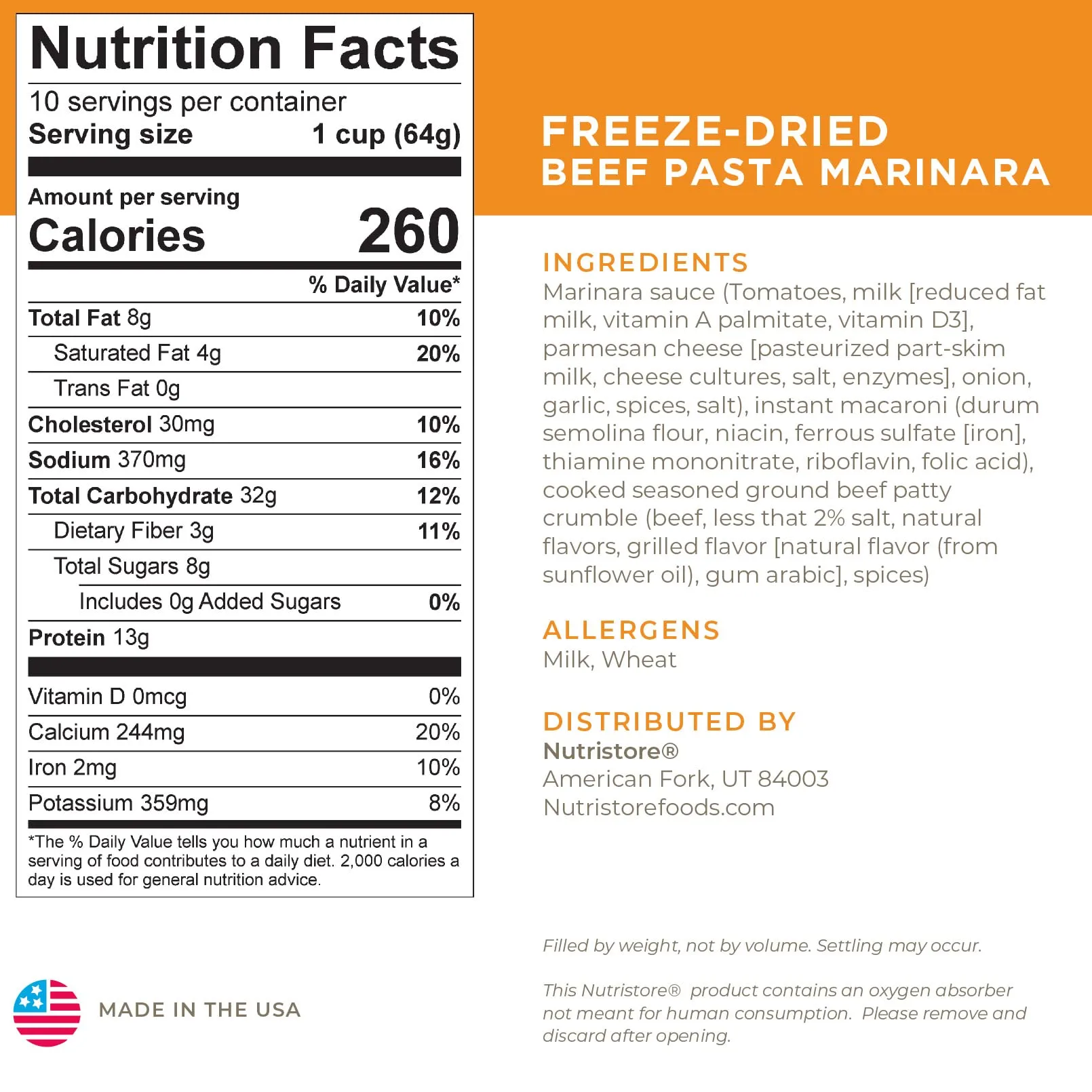 Nutristore Freeze-Dried Beef Pasta Marinara - 10 Servings #10 Can