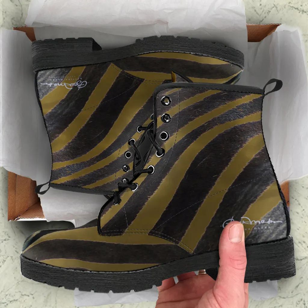 Olive Zebra Leather Boots (Vegan)