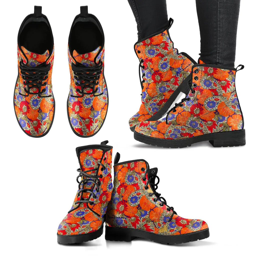 Orange Poppy Olive and Bright Sea Blue Paisley Floral Leather boots (Vegan)