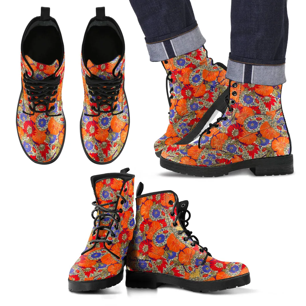 Orange Poppy Olive and Bright Sea Blue Paisley Floral Leather boots (Vegan)