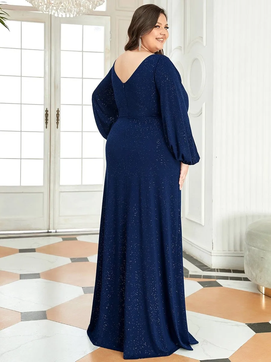 Plus Size Lantern Sleeve V-Neck Floor-Length Mother of the Bride Dress