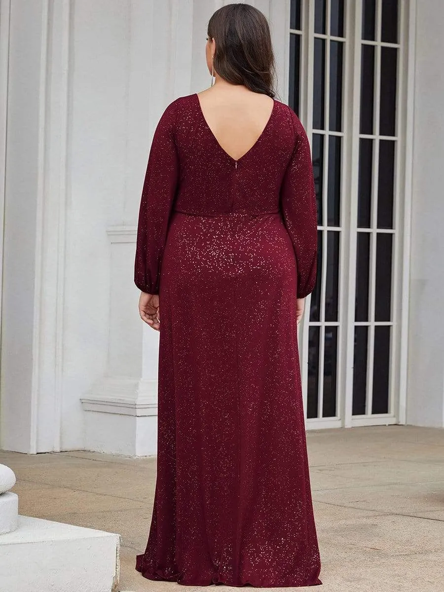 Plus Size Lantern Sleeve V-Neck Floor-Length Mother of the Bride Dress