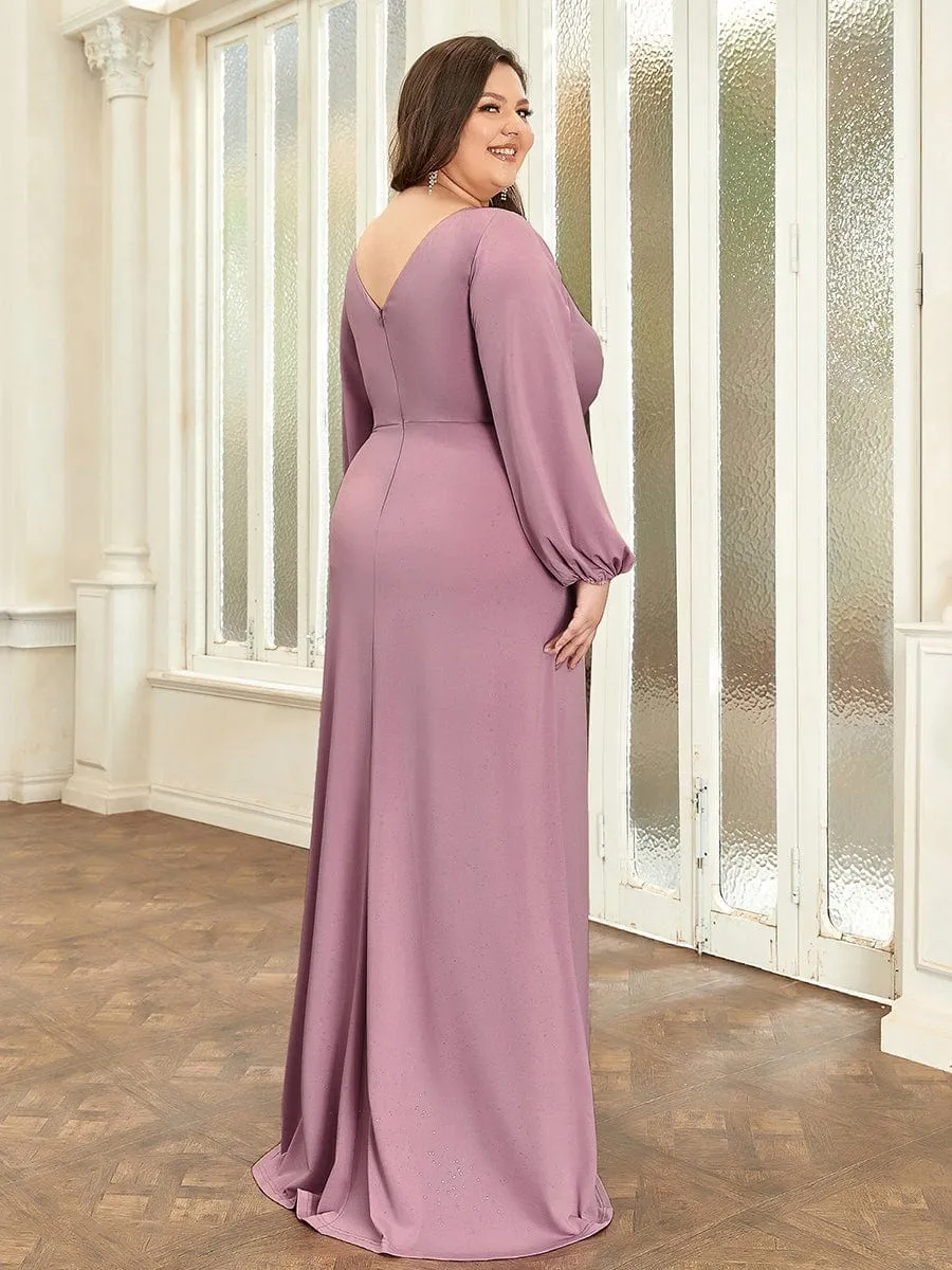 Plus Size Lantern Sleeve V-Neck Floor-Length Mother of the Bride Dress