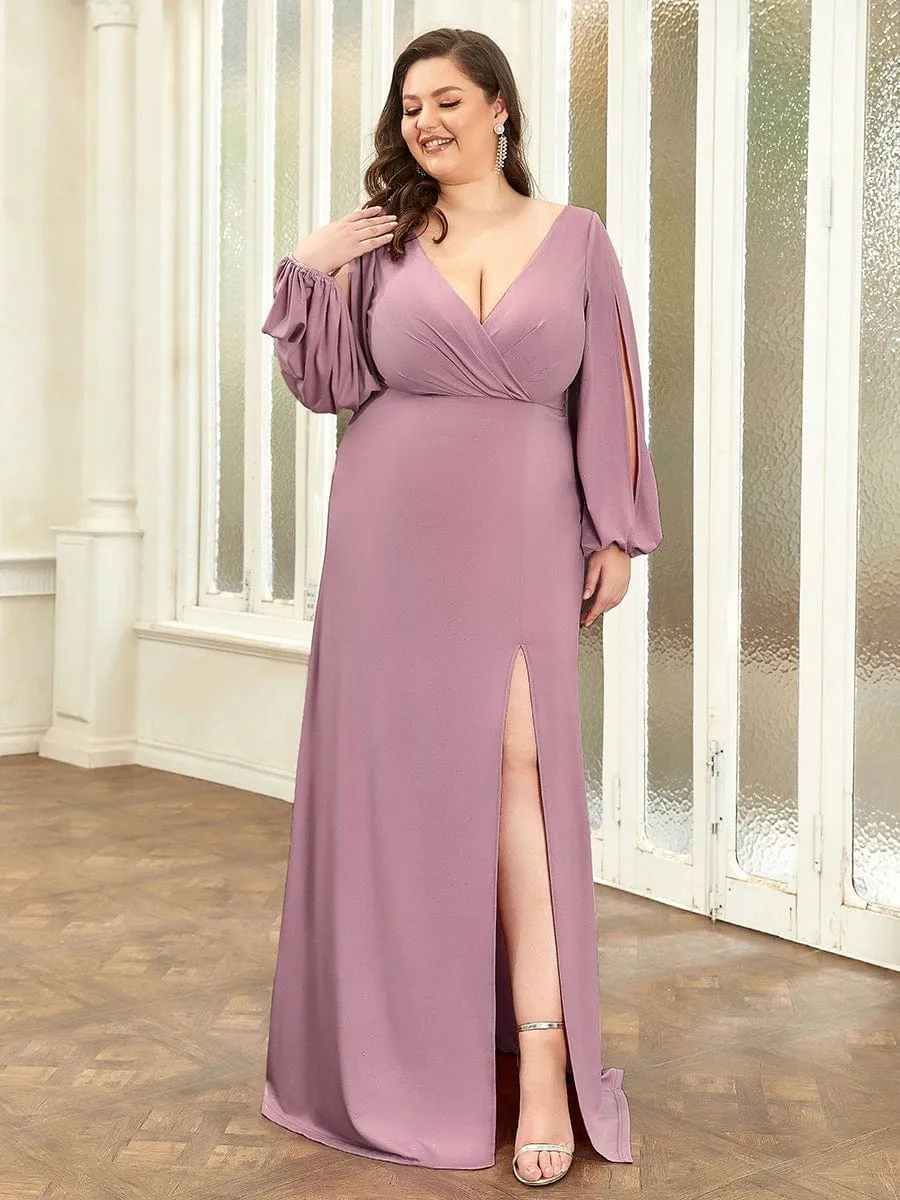 Plus Size Lantern Sleeve V-Neck Floor-Length Mother of the Bride Dress