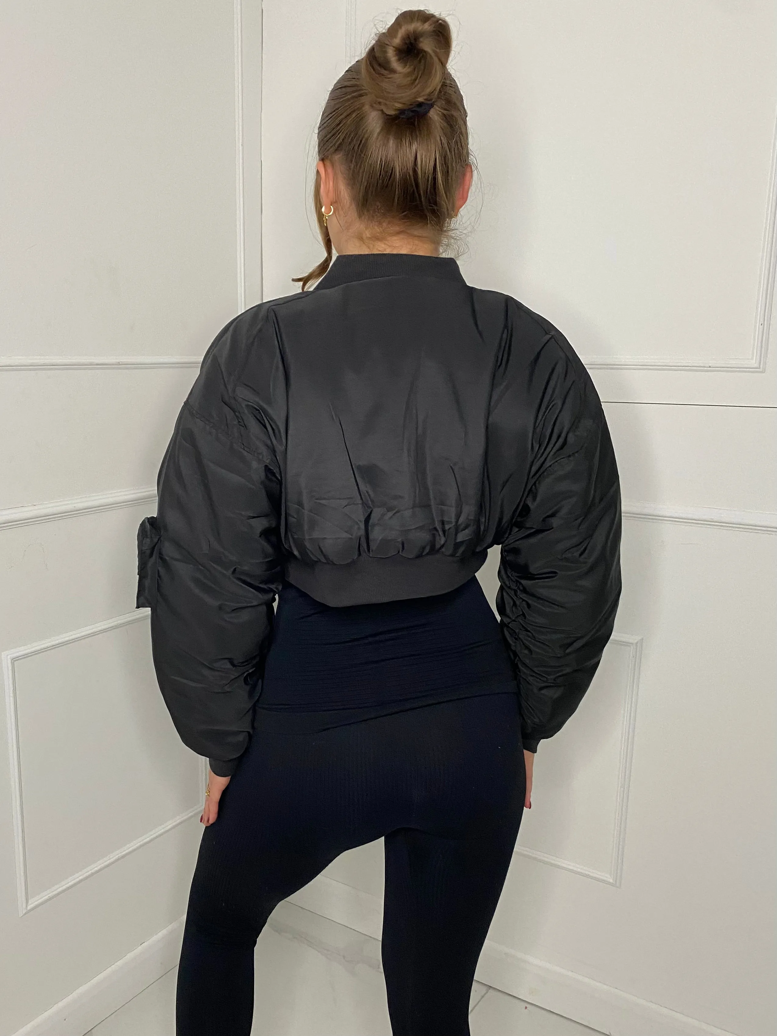 Pocket Detail Cropped Padded Bomber Jacket - Black