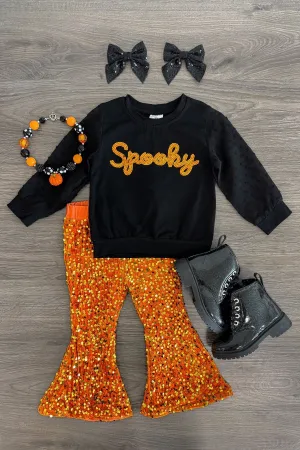 "Spooky" Orange Sequin Bell Bottom Set