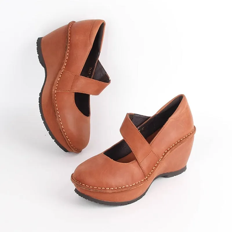 Retro Soft All Leather Platform Mary Jane Shoes In Apricot/Black/Brown/Gray