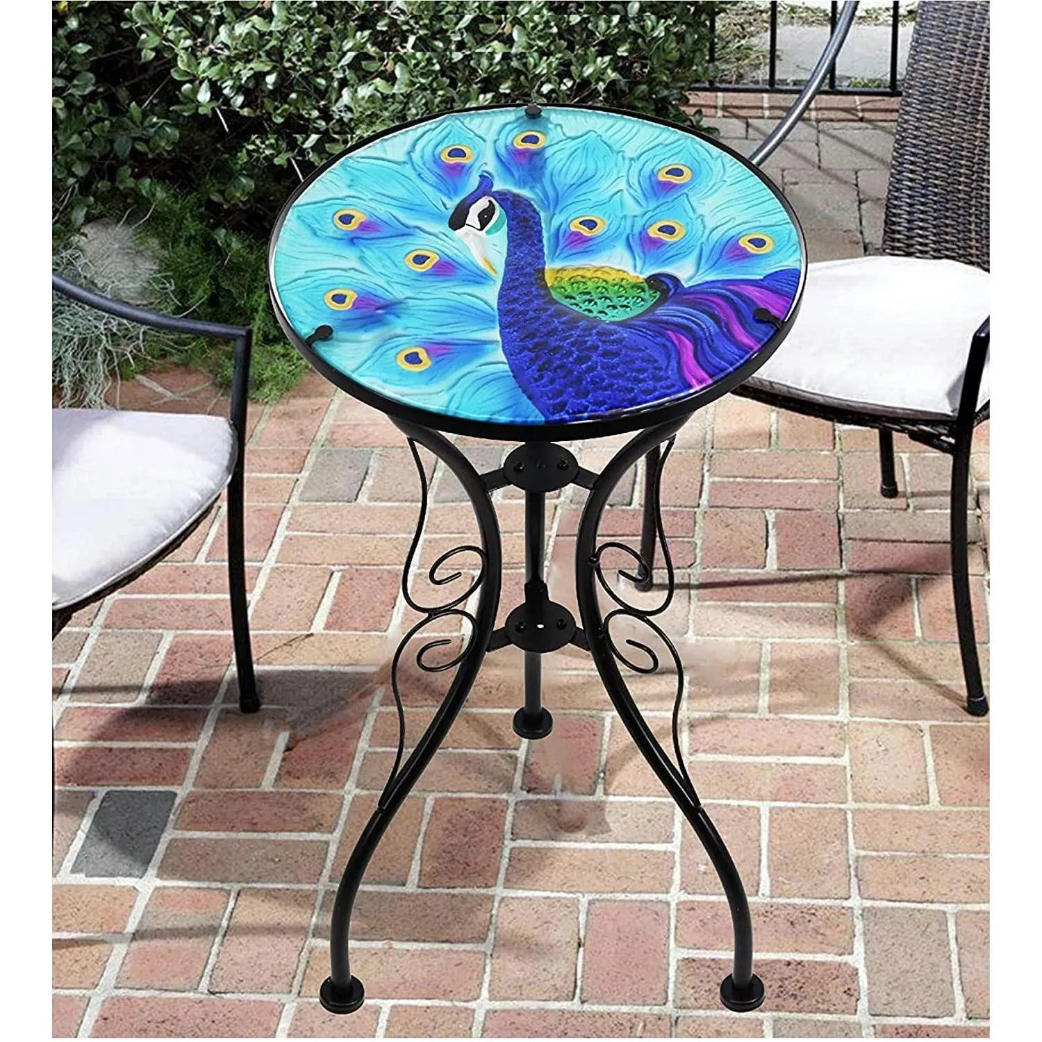 Round Side Mosaic Garden Table With Blue Peacock Design