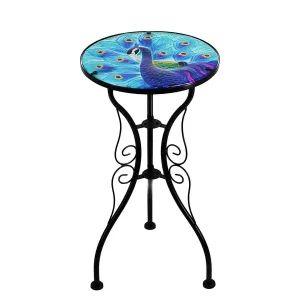 Round Side Mosaic Garden Table With Blue Peacock Design