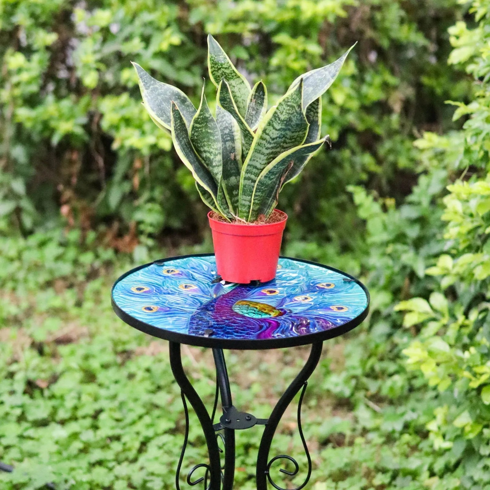 Round Side Mosaic Garden Table With Blue Peacock Design