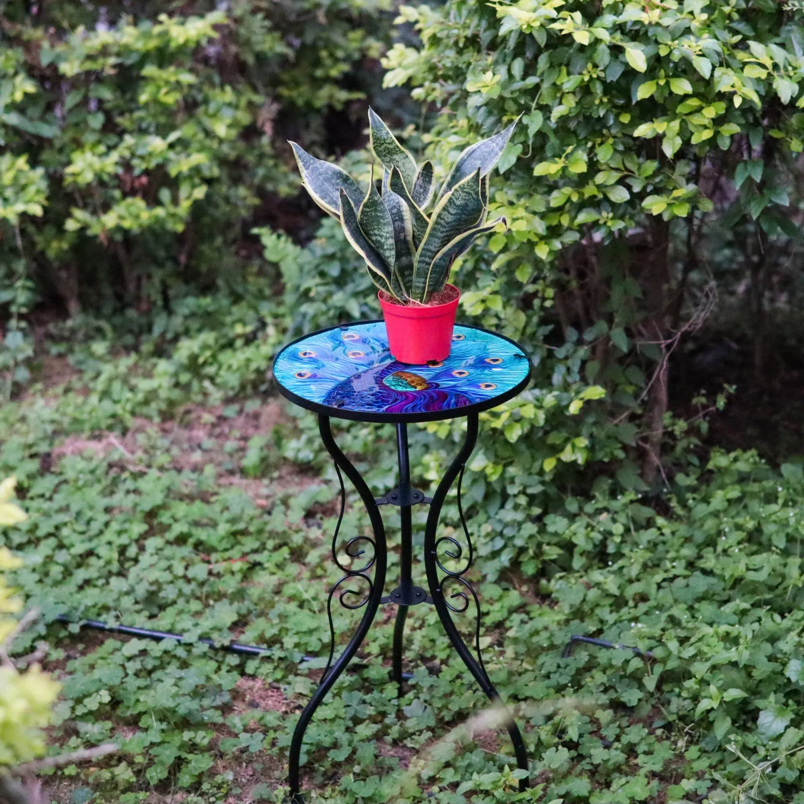 Round Side Mosaic Garden Table With Blue Peacock Design