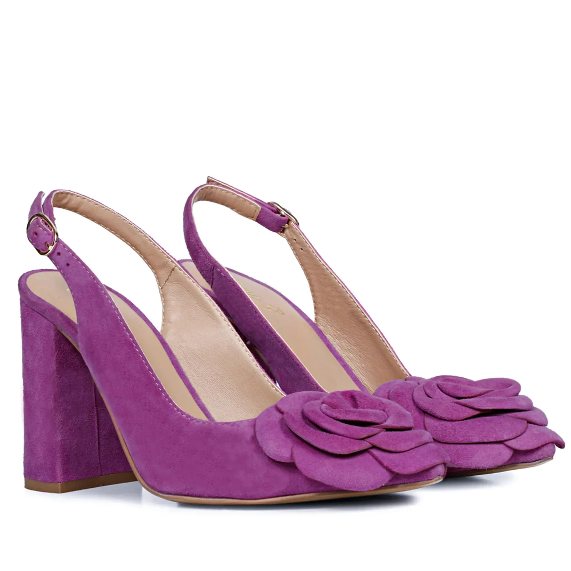 Saint Naiya Flower Embellished Purple Suede Leather Heels