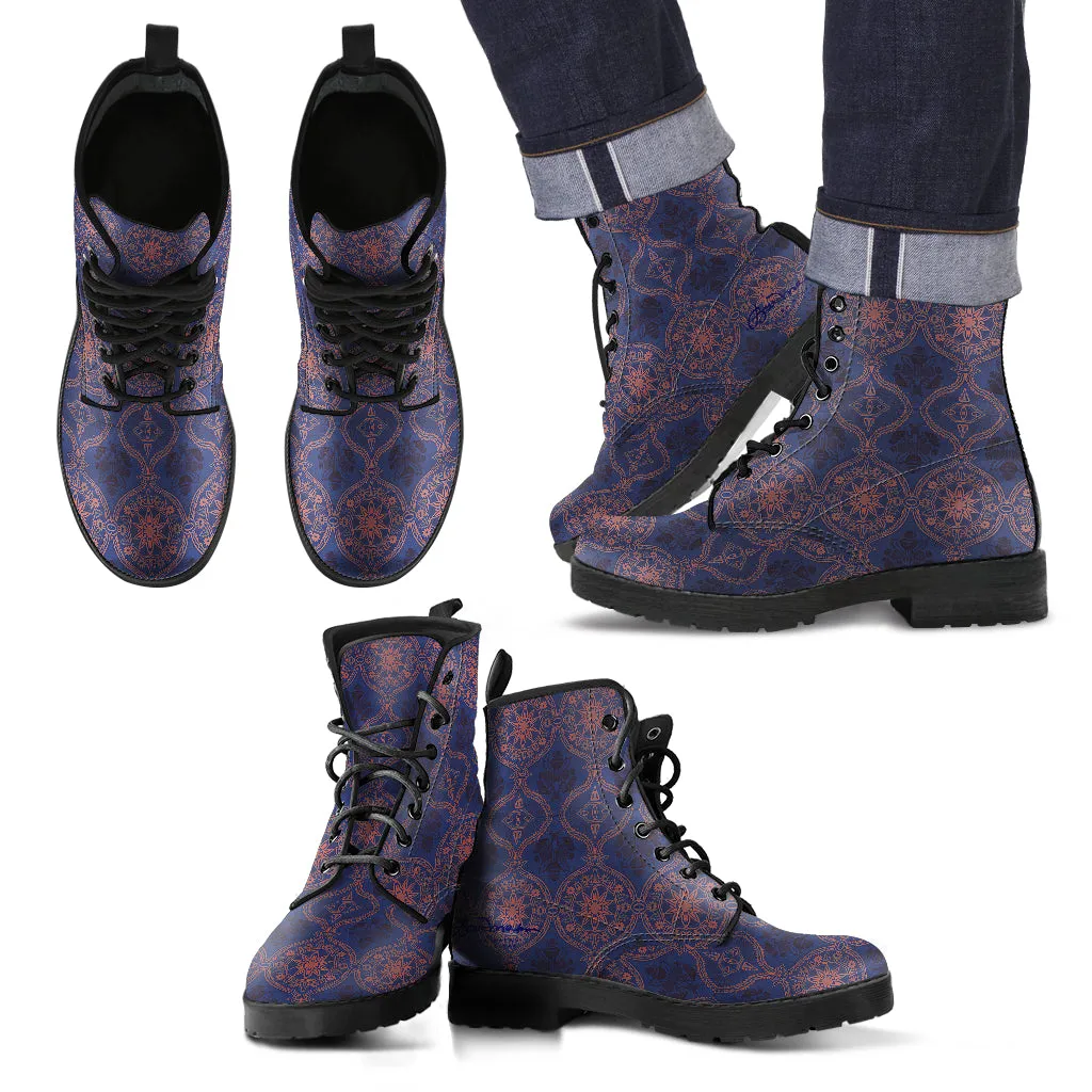 Sargasso Blue and Mellow Rose Damask Leather Boots (Vegan)