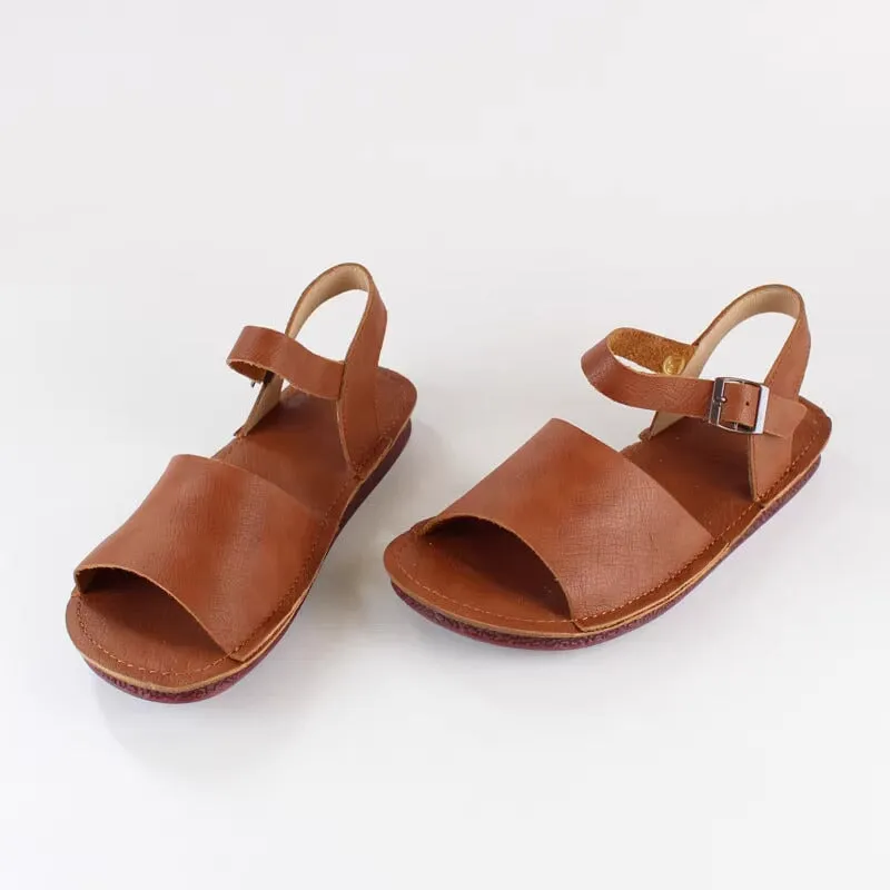 Slingback Leather Buckle Sandals Open Toe Retro Handmade Coffee/Khaki