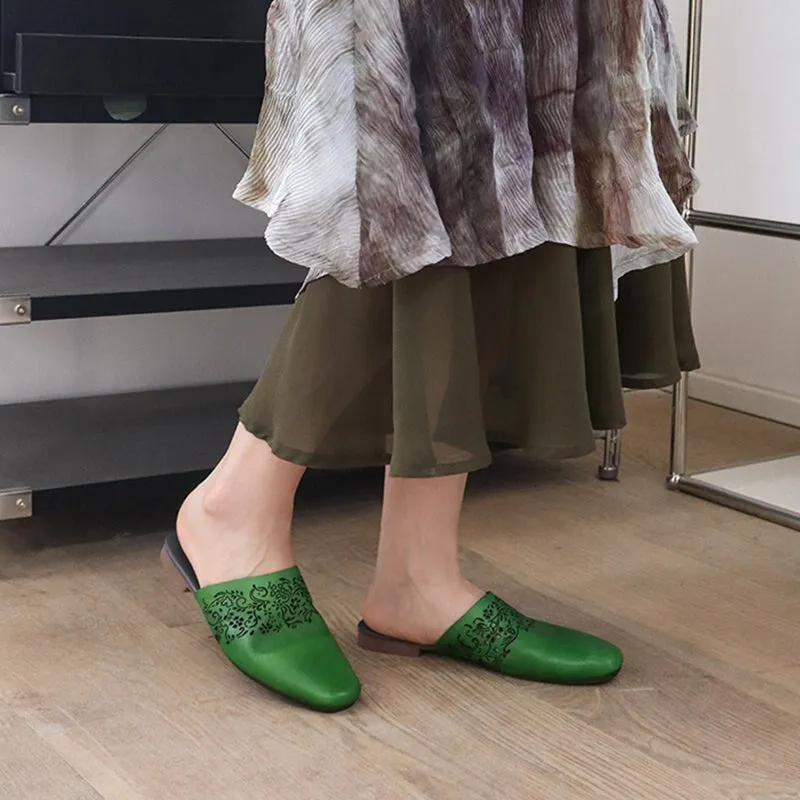 Soft Leather Mules Women Summer Slippers Handmade in Green/Red/Beige