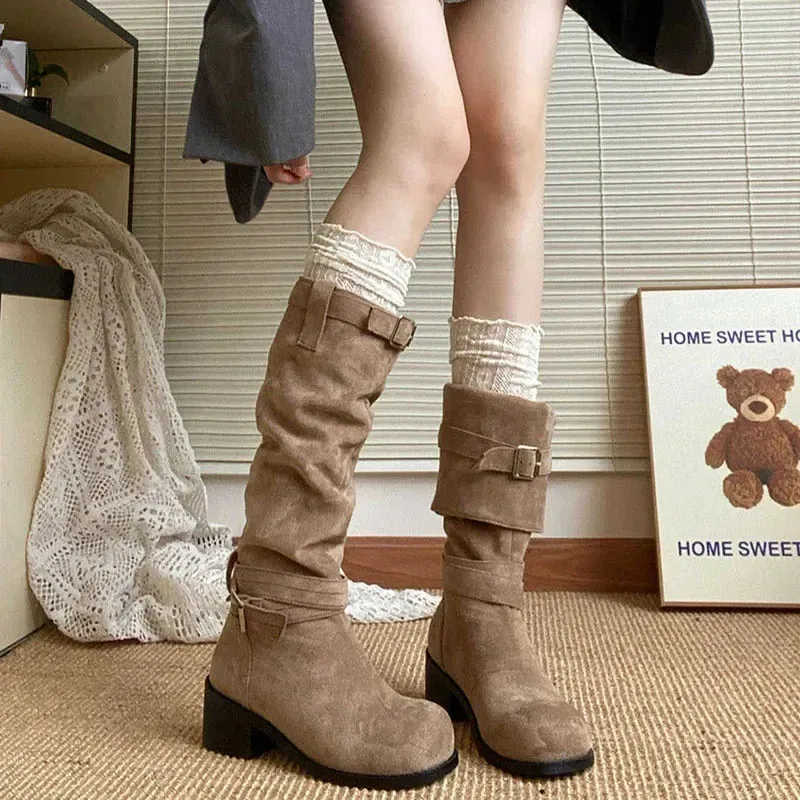 TAVIMART  -  Platform Thick Heel Women Western Cowboy Boots Fashion Slip On Folded Pile Long Booties Female Shoes Autumn Winter