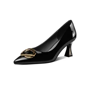 TinaCus Glossy Patent Leather Women's Handmade Spool Heel Pointed Toe Pumps with Metal Heart