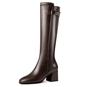 TinaCus Handmade Women's Genuine Leather Square Toe Chunky Heel  Zip Up Knee High Boots with Buckle