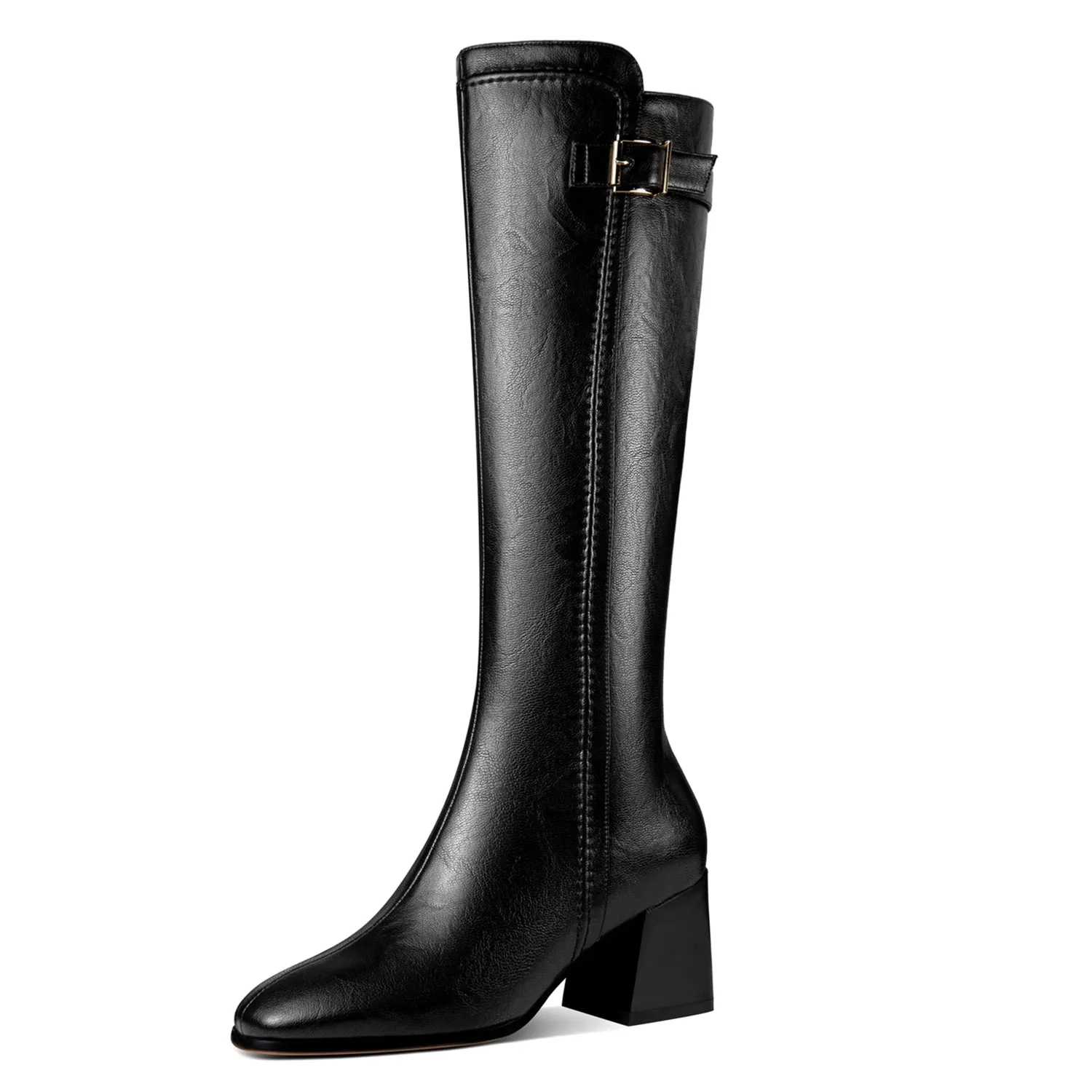 TinaCus Handmade Women's Genuine Leather Square Toe Chunky Heel  Zip Up Knee High Boots with Buckle