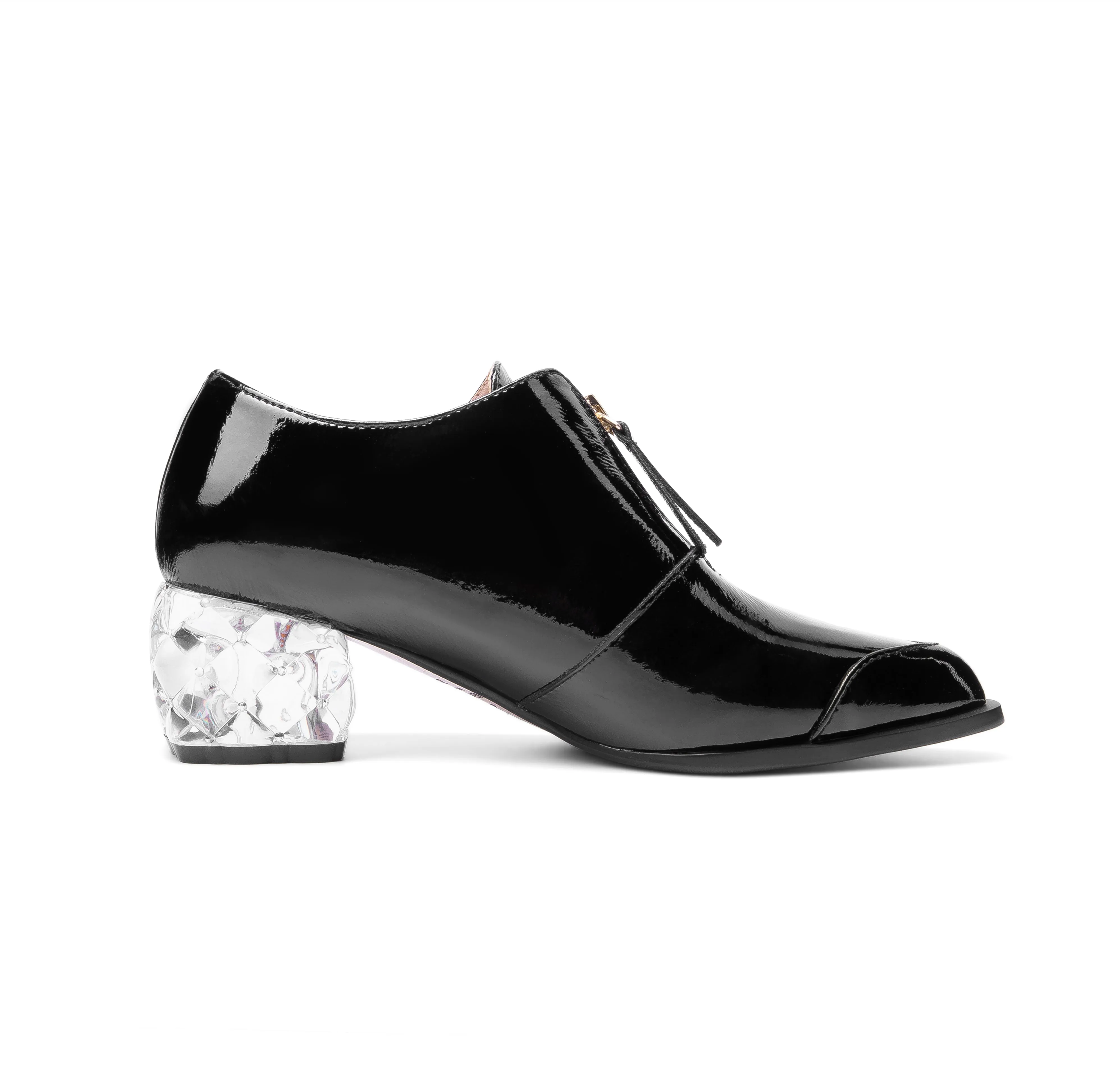 TinaCus Women's Glossy Patent Leather Handmade Clear Pointed Toe Chunky Heel Front Zip Pumps