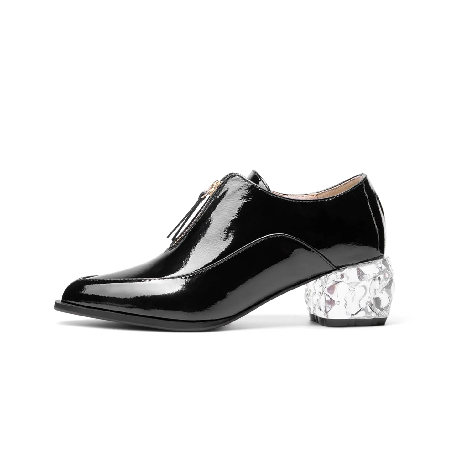 TinaCus Women's Glossy Patent Leather Handmade Clear Pointed Toe Chunky Heel Front Zip Pumps