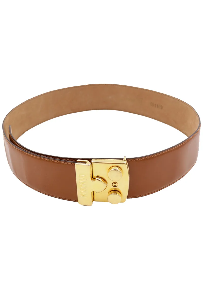 Vintage Moschino Redwall Brown Leather Belt with Gold Hardware