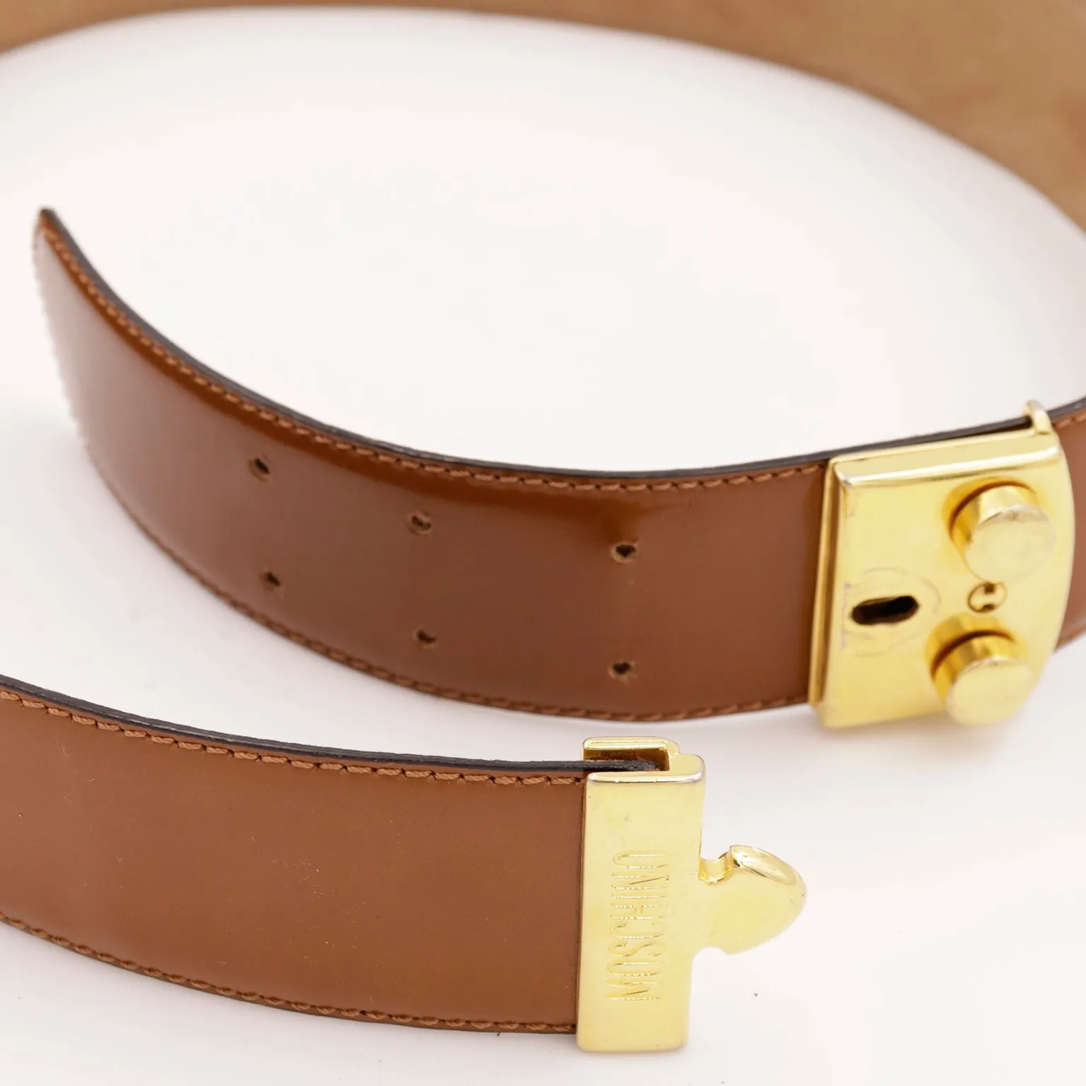 Vintage Moschino Redwall Brown Leather Belt with Gold Hardware