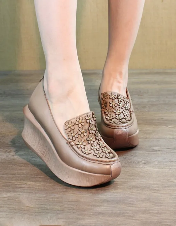 Waterproof flowers Leather Vintage Wedge Shoes