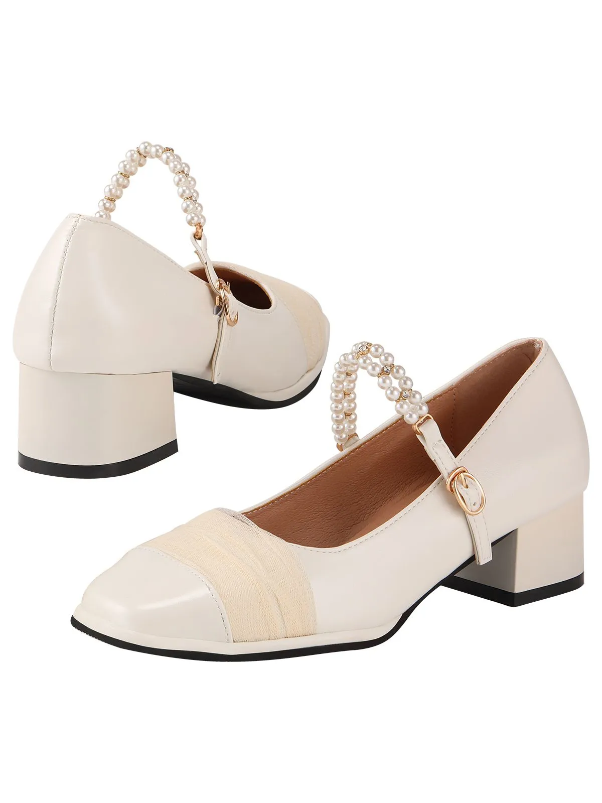 White Pearl Strap Chunky Heel Shoes