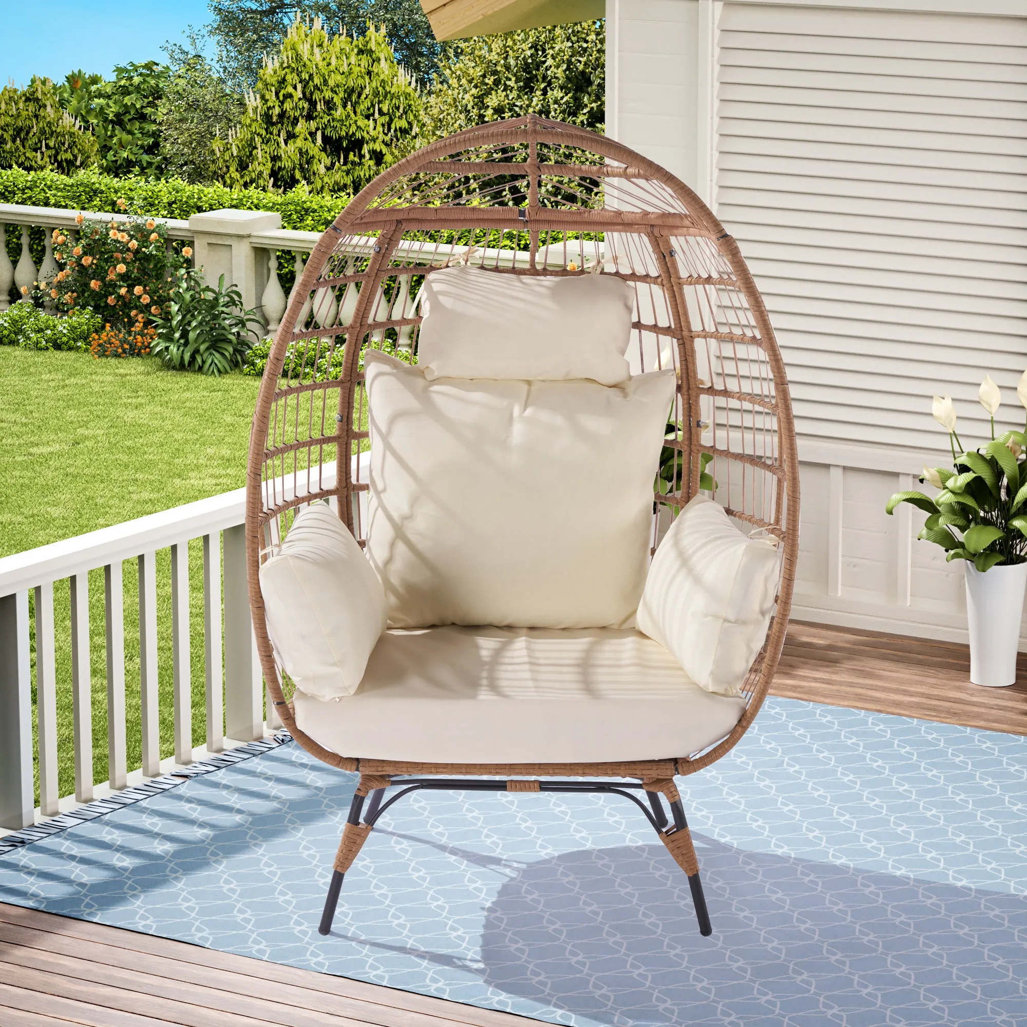 Wicker Egg Chair, Oversized Indoor Outdoor Lounger - Beige