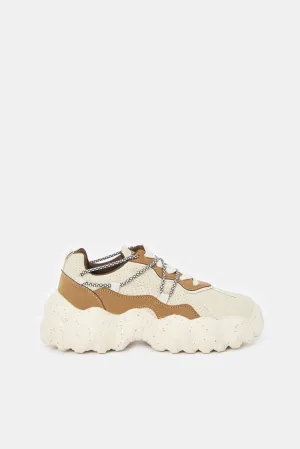 Women Beige Chunky Lace Up Sneaker