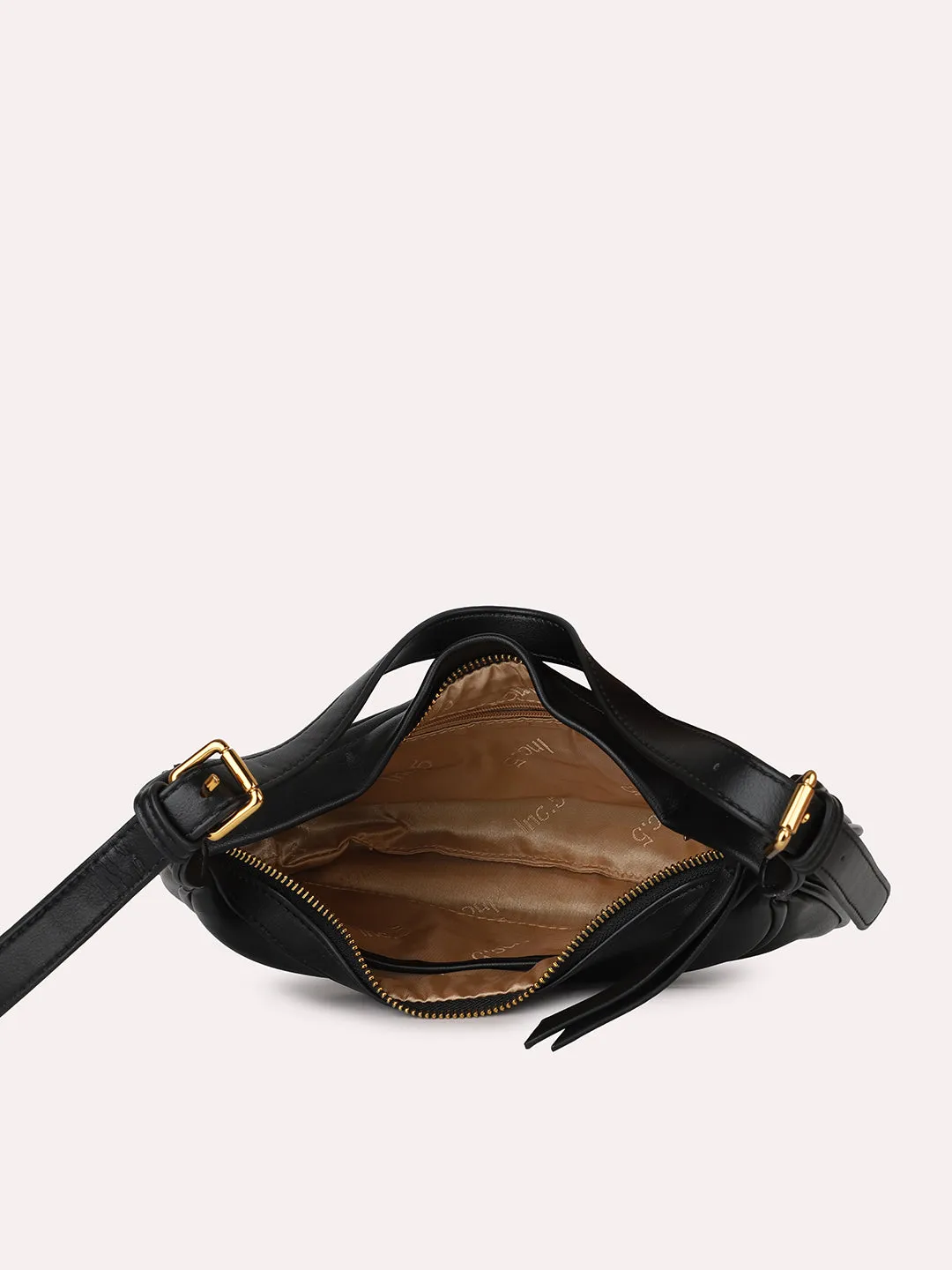 Women Black Textured Structured Shoulder Bag