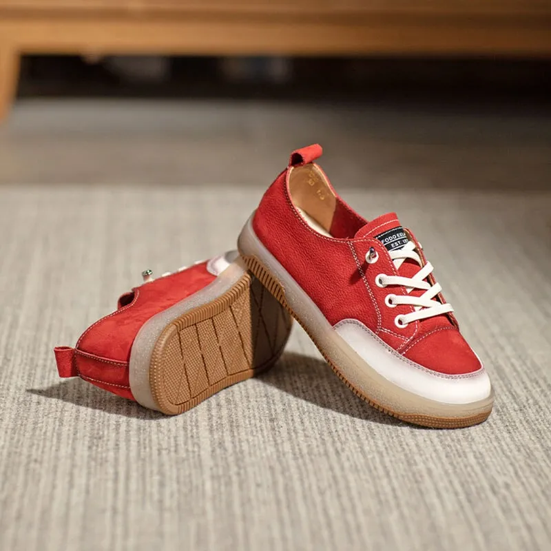 Womens Handmade Low Top Lace Up Soft Leather Flat Sneakers Jelly Bottom in Red/Coffee/Khaki