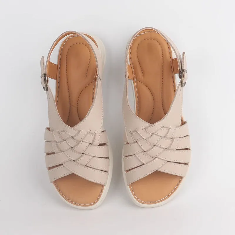 Woven Leather Sandals Open-toe Women Flat Shoes in Beige/Black/Nude/Golden