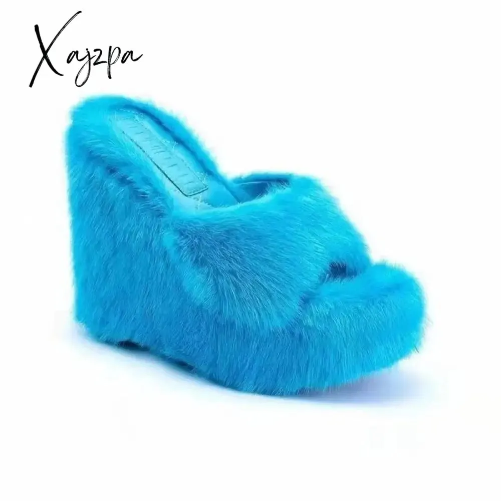 Xajzpa - New Fur Slippers Women's Wedge Heel Shoes Women High-heeled Furry Drag Fashion Outdoor All-match Shoes Slippers Furry Slides