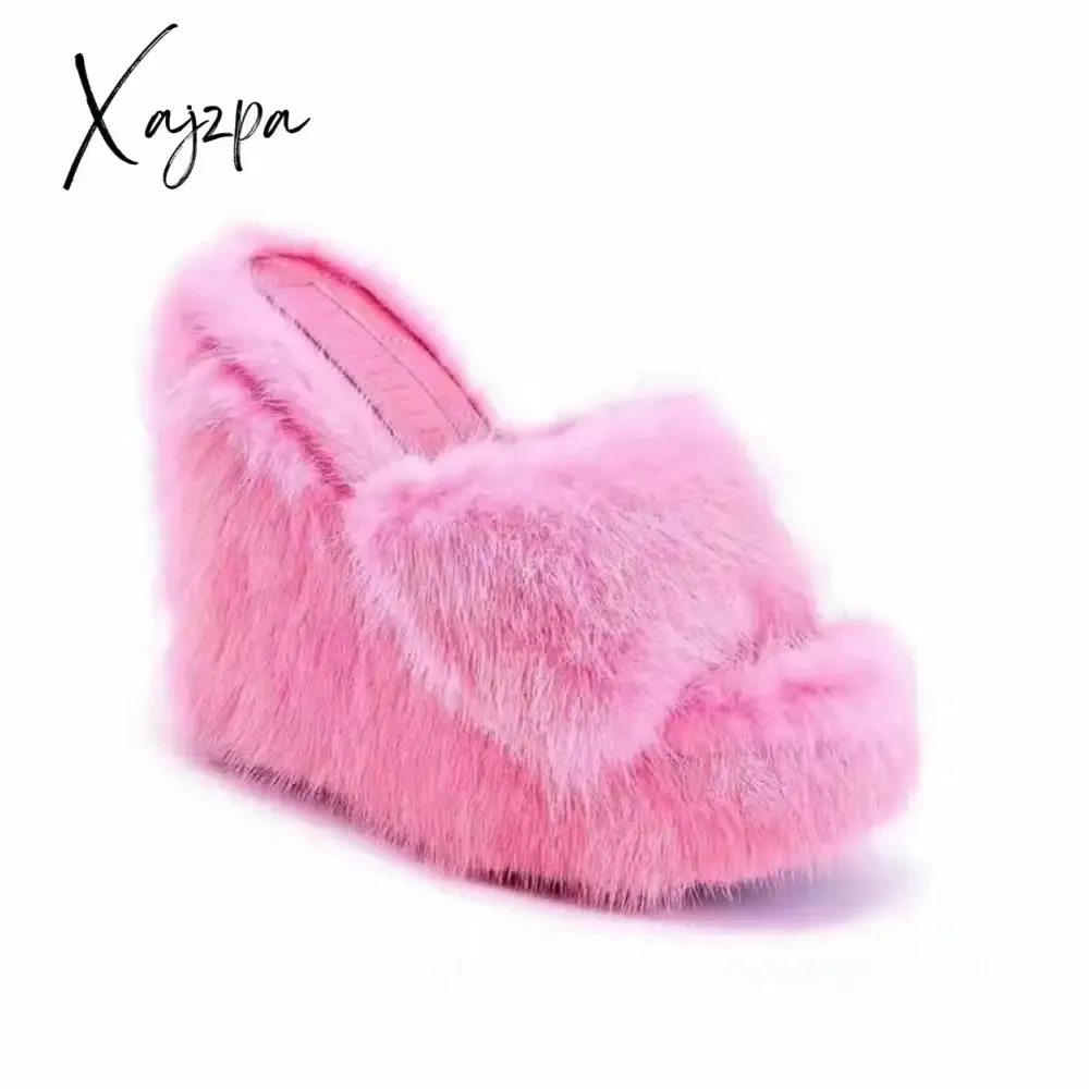 Xajzpa - New Fur Slippers Women's Wedge Heel Shoes Women High-heeled Furry Drag Fashion Outdoor All-match Shoes Slippers Furry Slides